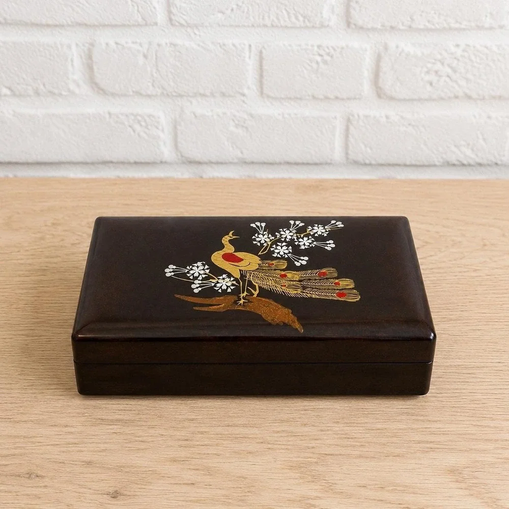 Vintage Japanese Black Lacquer Jewelry Box Peacock Cherry Blossom Mirror